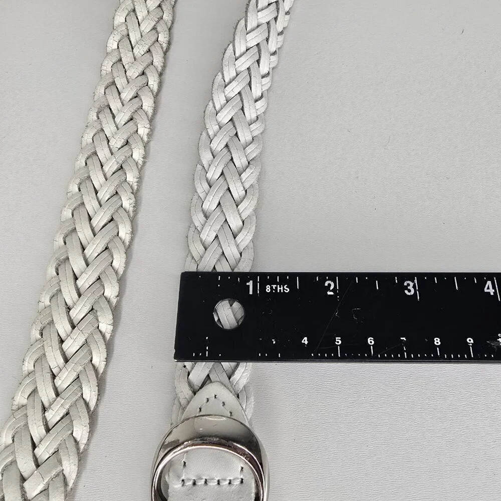 Women's White Distressed Cracked Leather Thin Skinny Woven  Boho Belt